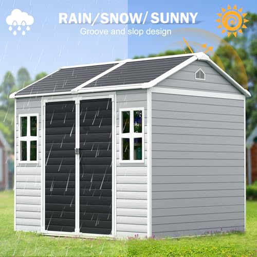 CDCASA 8x6 FT Resin Storage Shed, Waterproof Large Outdoor Shed with Floor & Lockable Door & 2 Windows, Vent, Plastic Tool Shed for Outside, Backyard, Patio, Poolside, Bike, Dove Grey