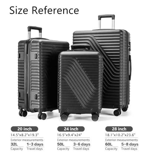RUIE Luggage Sets 3 Piece Hardshell Luggage Sets with Spinner Wheels, Suitcase Set Lightweight TSA Lock Hardside Travel Luggage Set, Black (20in/24in/28in)3