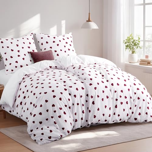 Tifschlaf Bettwäsche 135x200 4teilig, 2 Bettbezüge 135 x 200 mit 2 Kissenbezüge 80x80 cm, ÖKO-TEX Mikrofaser Bettwäsche-Sets Mädchen Weiß Rot Herzen Muster, Weich & Bügelfrei mit Reißverschluss