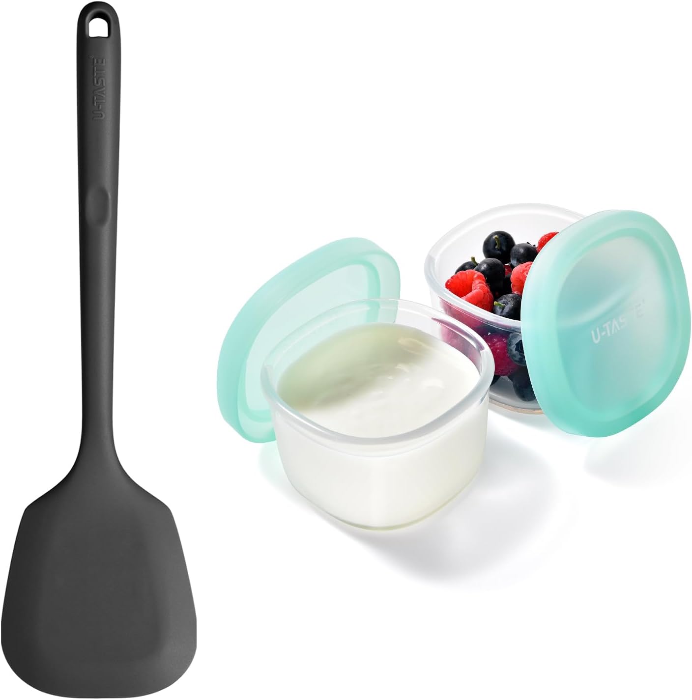U-Taste 13.6" Solid Silicone Turner 600ºF Heat Resistant Kitchen Spatula Flipper (Black) and 6oz Small Snack Containers Food Grade Liquid Silicone Storage Set of 2 (Aqua Sky)