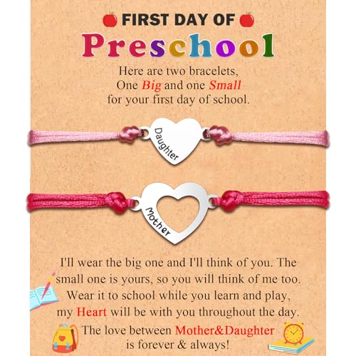 Back to School/First Day of School Bracelet Gifts, First Day of Kindergarten Preschool First/Second Grade Bracelet Gifts, Set of 2 Matching Mother and Daughter Heart Bracelets for Mom and Daughter