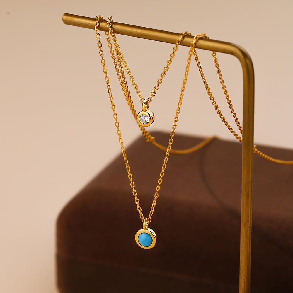 Turquoise Pendant Necklace for Women, Stacked Layered Necklaces Dainty Gold Necklace CZ Jewelry Set - Image 3
