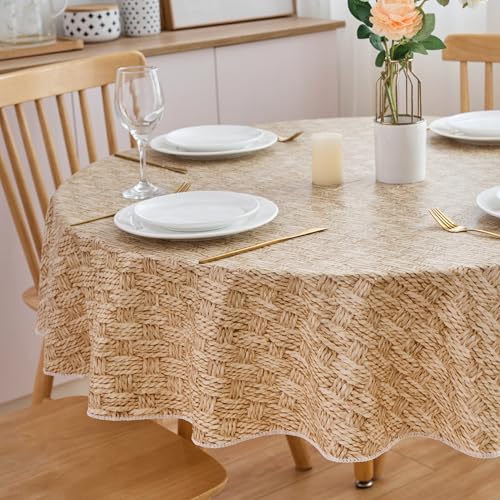 NLMUVW 48 Inch Round Vinyl Tablecloth Flannel Backing, 100% Waterproof PVC Table Cloth Wipe Clean Table Cover for Dining Party Camping Outdoor, Wood Check