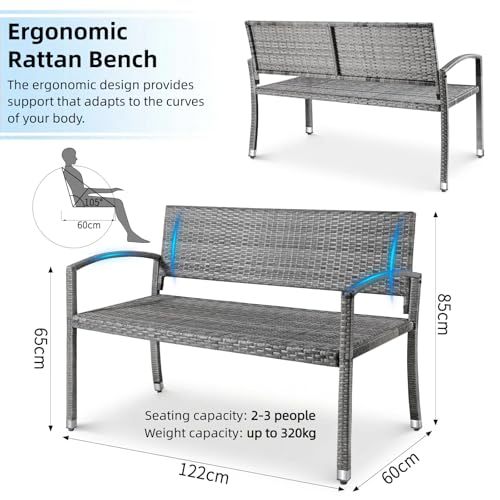 LIFERUN Rattan Garden Bench, 2 Seater Outdoor Wicker Bench with Adjustable Feet, Weatherproof PE Garden Loveseat for Patio, Balcony, Terrace, Park, 320kg Capacity, Single-Sided Rattan (Grey) - Image 2