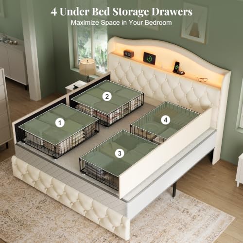 Uteeran Queen Size Bed Frame and Headboard & 4 Storage Drawers, Upholstered Platform Bed Frame with RGB LED Lights & Charging Station, No Box Spring Needed, Easy Assembly, Noise-Free, Beige — view 6