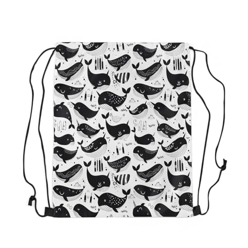 Erosebridal Whale Cartoon Drawstring Backpack 13x15.7, Kawaii Underwater Animals Drawstring Bags, White Black Art Draw String Back Bag, Geometric Hand-Drawn String Backpack3