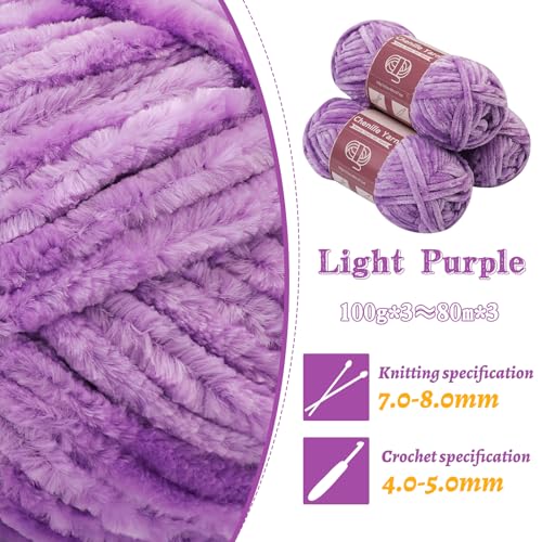 Image of LUNARM Chenille Yarn 3 Pack 3.5oz Chunky Blanket Velvet Yarn 263 Yard | Light Purple Chunky Chenille Yarn for Beginners Crocheting Hand Knitting Scarves with Big Eye Needles Machine Washable