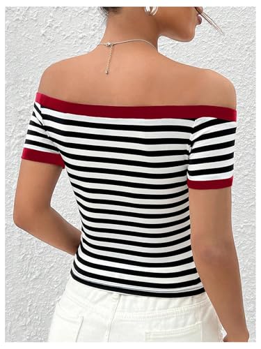 Verdusa Striped Off The Shoulder Tops for Women Short Sleeve Fitted Shirt Sexy Tees3