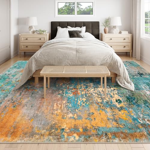 Lahome Modern Abstract Area Rugs 9x12 Living Room Rug, Washable Rugs for Living Room Bedroom Low Pile Non Slip, Colorful Large Soft Indoor Carpet for Dining Room Table Apartment Classroom