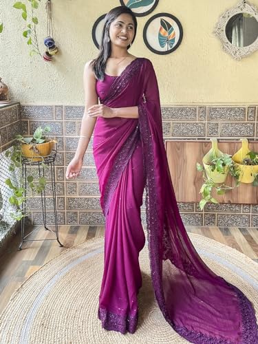 Image of AKHILAM Women's Georgette Embellished Saree With Unstitched Blouse Piece
