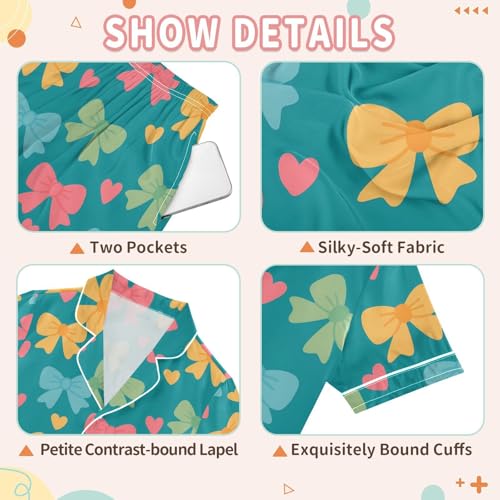 Cartoon Bow Heart Summer Pajamas Set Soft Satin Pjs Sets 2 Piece Short Sleeve Sleepwear Casual Clothes3