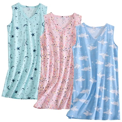 Image of PNAEONG 3 Pack Womens Cotton Nightgown V Neck Nightshirts Sleeveless Sleepwear Casual Print Sleepdress