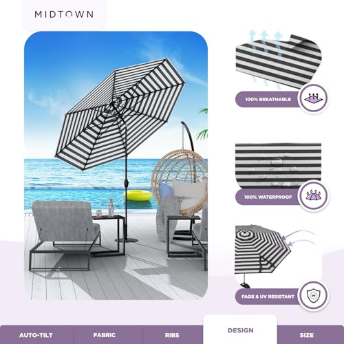Image of Midtown Umbrellas - 10-Year-No-Fade 9 Ft Patio Umbrella with Terylast Fabric, Auto-Tilt Aluminum Frame and 8 Reinforced Ribs for Deck, Pool, Garden & Beach - Black /White Stripes Canopy, Black Pole