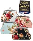 24Pcs Canvas Floral Coin Purses, Vintage Coin Purses, Small Cute Mini Wallet Pouch for Women & Girls, Floral Coin Purse Set, Gift Trinket Present Bag