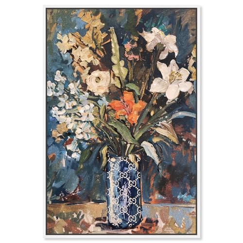 Image of Art Remedy Blue Floral Vase Canvas Floral Vase Wall Art, White Frame, 30 inch x 45 inch