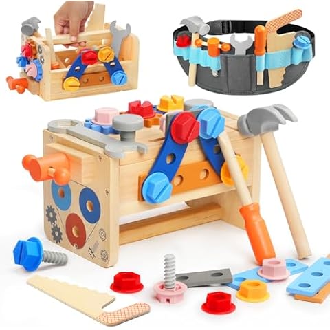 Kids Tools Set with Tool Belt, Myfolrena Toddler Tool Toys Wooden Tools Set Pretend Play Tool for Toddlers Ages 2-5 Learning Toy Set Stem Montessori Toys Cover