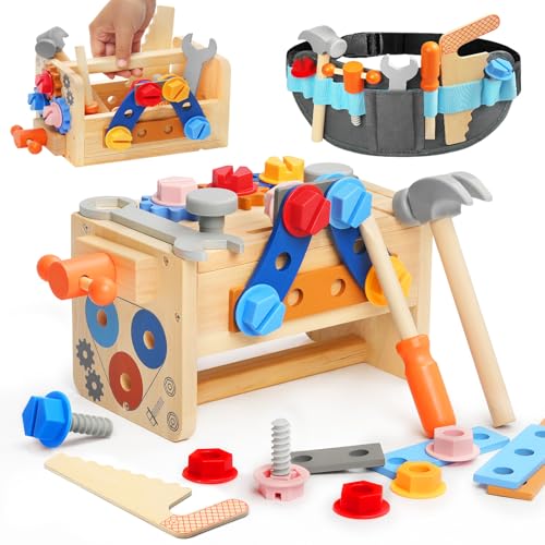 Myfolrena Kids Tool Set With Belt - Wooden Pretend Play Tools for Toddlers Ages 2-5 - Learning Stem Montessori Toys