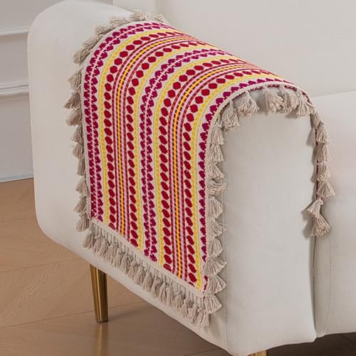 Image of HOKIPO 'Artisan Boho Series' 450 GSM Sofa Arm Cover | Cotton Acrylic Jacquard Fabric Armrest Cover with Tassel, 50x70 cm, 1 Pair, Ruby Red (IN-899-A6*2SC)