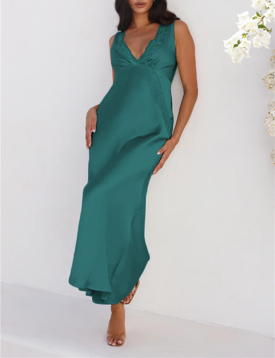 BAGONE Summer Satin Lace V Neck Backless Wedding Guest Maxi Dresses for Women Elegant Sleeveless Open Back Cocktail Dress - Image 3