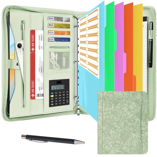 Image of Eshow Portfolio Organizer - 3 Ring Binder with Zipper, Vegan Leather Business Padfolio Folder with Notepad Includes 5 Color Sheet Protectors for Documents Files for Men Women