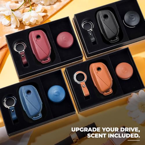 Image of Keyzone Premium Leather Key Cover & AC Vent Car Perfume Combo (4 Fragrances) | Compatible for BMW 7 Series 740i 760i X1 X7 XM IX I7, X5 2023 Onwards 4 Button Smart Key (Red)
