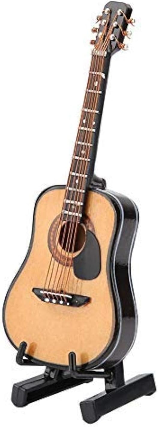 Miniature Guitar, Mini Wooden Miniature Guitar Model with Guitar Stand Case Model Display Mini Ornaments for 1/8 Bjd Doll Cake Birthday (10CM)