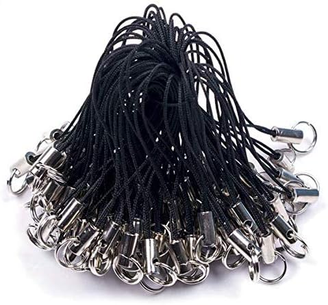 WOIWO 50 Pieces Cell Phone Strap Black with Silver Tone Split Ring for Mobile Cell Phone USB Flash Drive, MP3, MP4, Key Finder