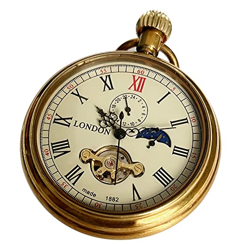 VIGOROSO-Mens-Vintage-Full-Copper-Hand-wind-Mechanical-Second24hours-Sub-dials-Pocket-Watch-in-box