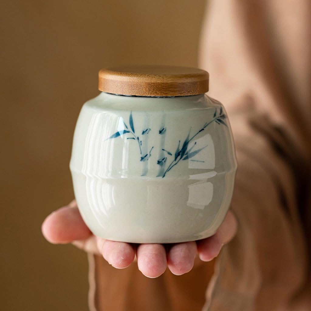Caja de té pequeña olla de té azul y blanco pintada a mano con esmalte de almacenamiento estilo chino caja de té(A)