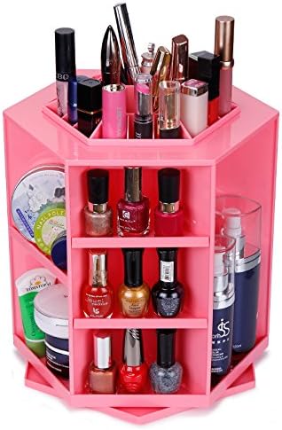 Kasla 360 Rotating Adjustable Spinning Large Capacity Makeup Organizer, Shelf Countertop Cosmetics Organizer Box 32x27.5cm (Pink)