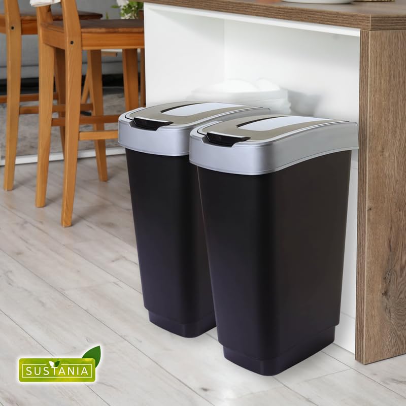 SUSTANIA Poubelle 50L à Couvercle Basculant - Lot De 2 - Gris Foncé - Design Rond Compact - Fabriqué En UE