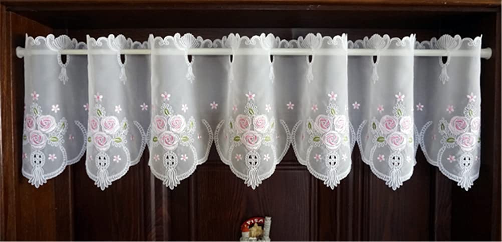 Cantonnière cuisine floral brodé sheer rideau court décoratif blanc 150x30cm