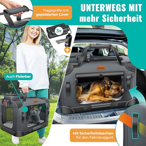 LOVPET® Transportbox Hund Katze Transporttasche XXL 92x64x64cm | Hunde-Tragetasche Faltbare Katzentasche | Haustier-Transportbox inkl. Hundenapf & Schultergurt | für Katzen & Hunde Anthrazit