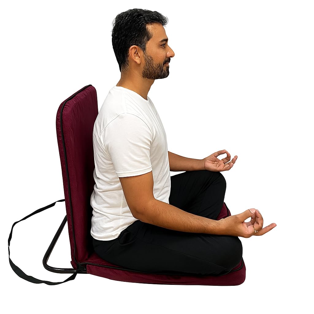 Kawachi Right Angle Back Support Floor Chair Portable Foldable Meditation and Yoga Seat with Firm Backrest Lightweight Comfortable Floor Seating for Home-i113 Maroon