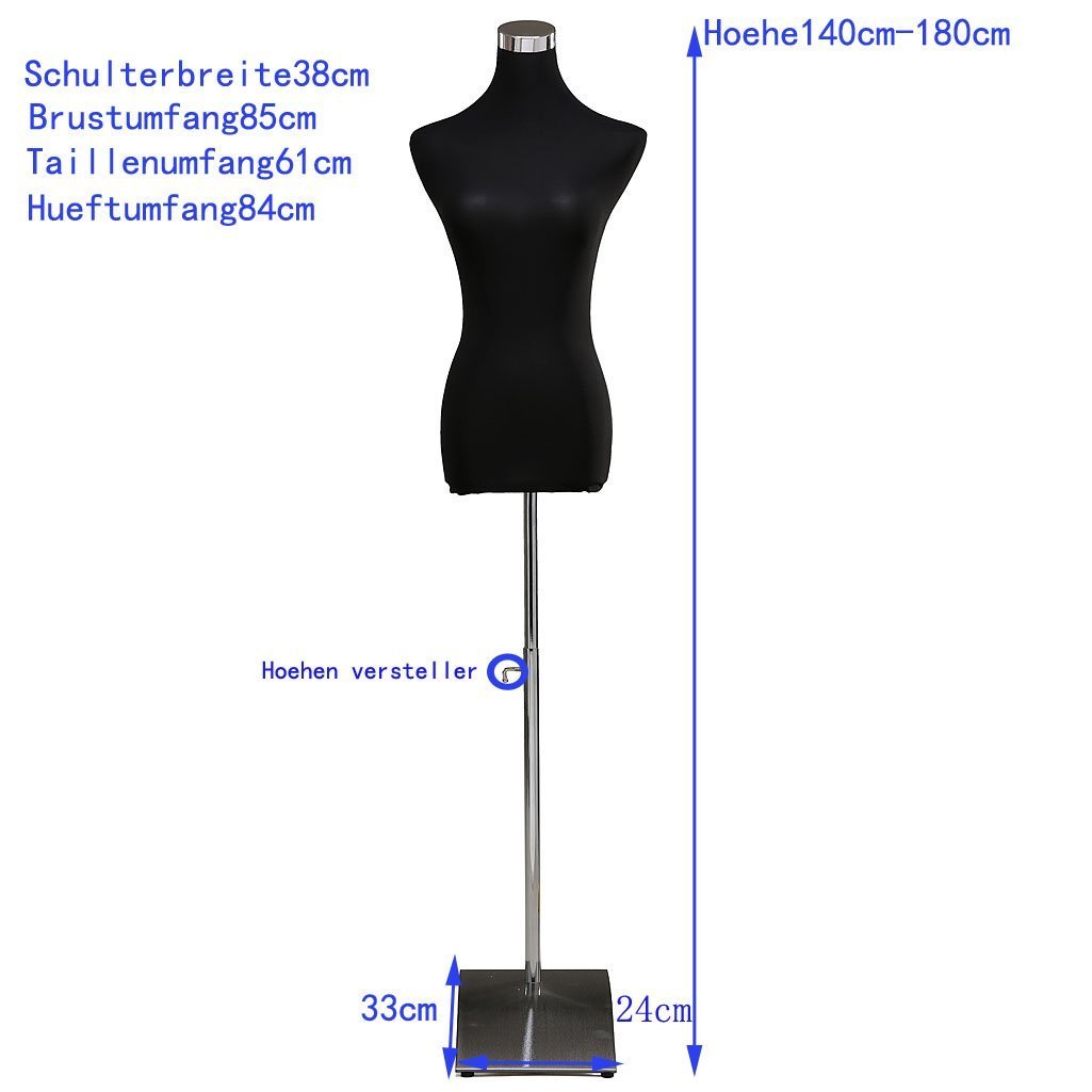 Loywe Maniquí Busto Femenino de Señora, Soporte de Ropa, Exhibición de Escaparate, Ajustable de Altura, Base de cuadrada metal, Negro Gr.32-36 LW6036S