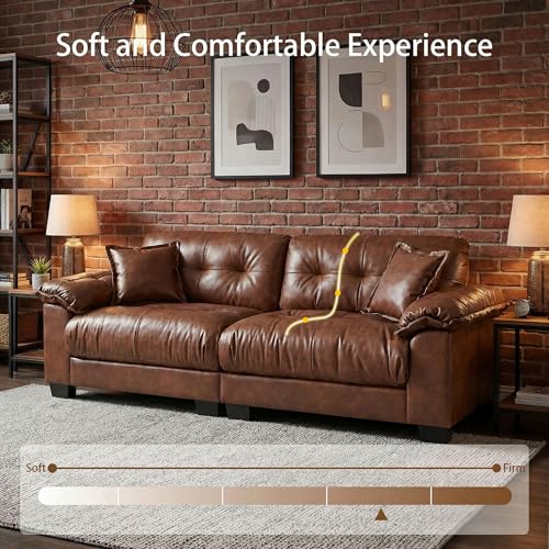 Image of Faux Leather Sofa, Mid Century Modern Deep Loveseats, Comfy Cloud Couch, Tufted Pillow Top Arm Furniture for Living Room, Apartment, Cognac Brown