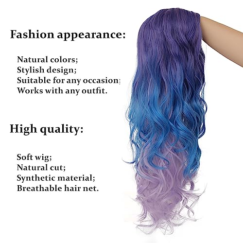 Image of Swiking Purple Long Curly Ombre Wigs for Women Purple Mixed Blue Wavy Synthetic Hair Colorful Cosplay Halloween Costume Wigs