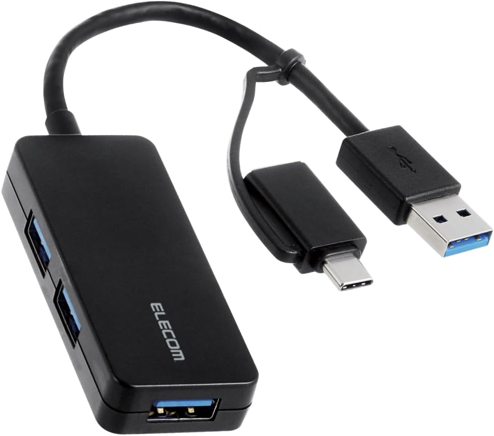 Elecom U3H-CAK3005BBK USB HUB USB HUB 5Gbps Type-C Adapter Cable Fixing 3 Ports, Black