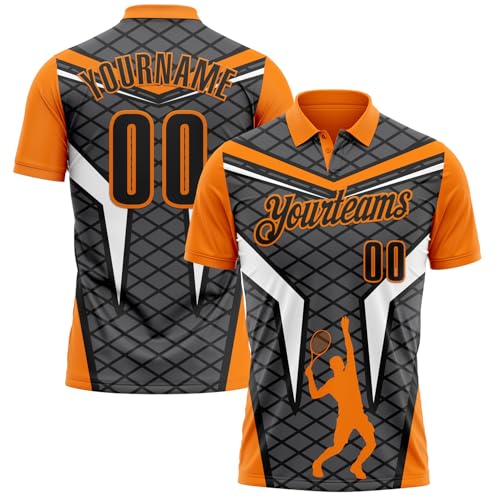 Custom Womens Mens Boys Polo Golf Bowling Shirts Dark Gray and Orange Badminton Billiards Tennis Jerseys Two Button Short Sleeve Team Uniforms, Personalized E-Sports Style Business Work T-Shirts