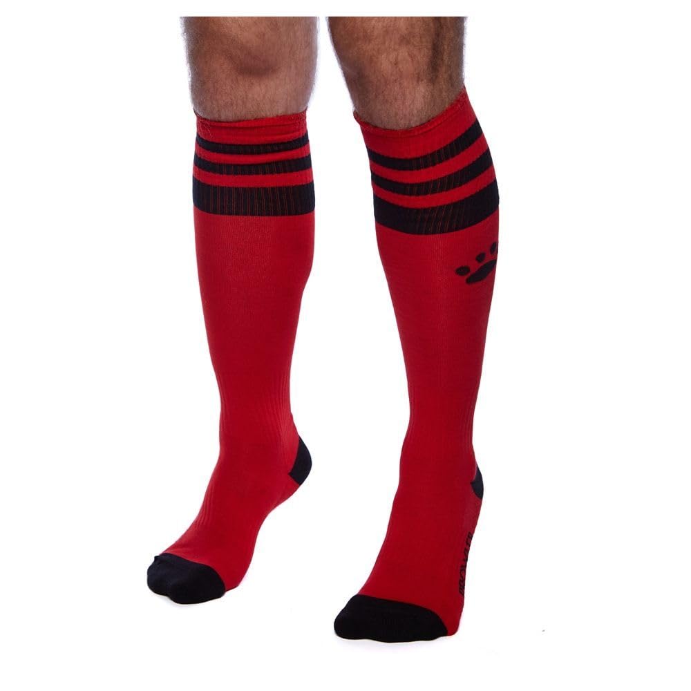 Prowler RED Football Socks Red/Black – Knee High Pride Socks for Men | Sporty Fetish Inspired Socks with Stripes Paw Print Logo