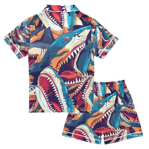 senya Angry Sharks Satin Summer Pajama Sets Silk Short Sleeve Button Down Sleepwear2