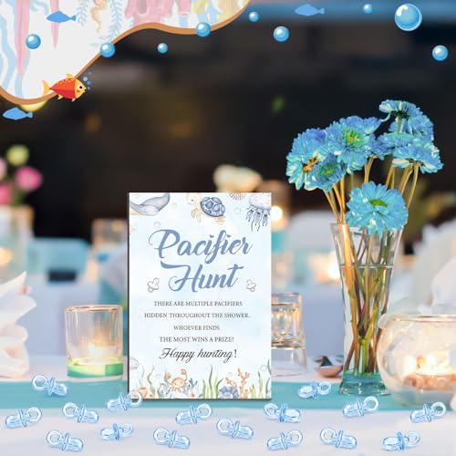 Image of Thyle 51 Pcs Under The Sea Pacifier Hunt Baby Shower Games Include Hunt Sign and 50 Acrylic Pacifiers for Ocean Animal Baby Shower Game Decoration Sets Gender Reveal Newborn Announcement Party Decor