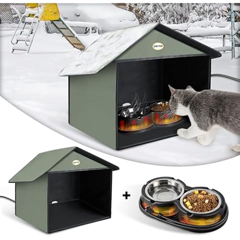 Dreyoo Outdoor Cat Feeding Station with Heated Cat Water Bowl, Weatherproof Kitty Dining Room Outdoor with Heated Pet Bowl for Food and Water, Feral Cat Feeding Station Cat Shelter (Black) Cover