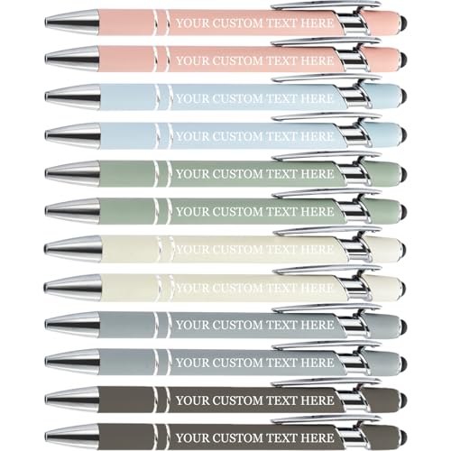 SHIBASHAN Up to 480 Pcs Personalised Writing Pens in Bulk, Custom Metallic Printed Name Pens with Black Ink, Customised Writing Pens in Bulk with Stylus - Great Gift Ideas (Morandi 6 Color)