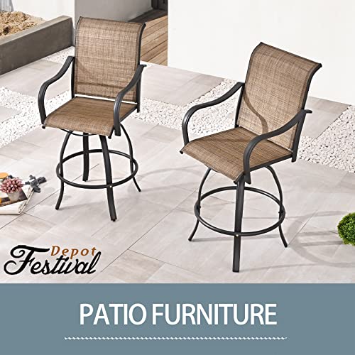 Festival Depot 2Pcs Bar Height Stools Textilene Fabric High Back Swivel Chairs Patio Dining Chairs Metal Outdoor Furniture For Bistro Lawn (Brown) #TOP6
