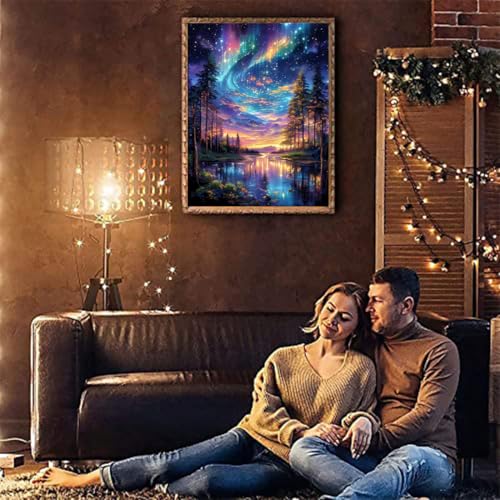 Image of Starry Night Stamped Cross Stitch Kits for Adults - Lake Tree Embroidery Kits for Beginners Adults,11 CT Patterns Dimensions Counted Cross Stitch Kits for Adults Arts Craft 12x16 inch