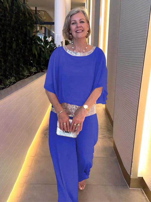 Two Piece Set Pant Suits Mother of The Bride Dressy Wedding Guest Chiffon Flowy Elegant Women Formal Outfits 5