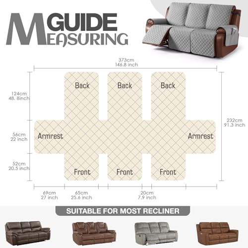Image of KinCam 100% Waterproof Recliner Sofa Covers, Non-Slip Reclining Couch Covers for 3 Seat, Recliner Couch Cover Furniture Protector with Elastic Straps for Pets, Kids, Light Gray