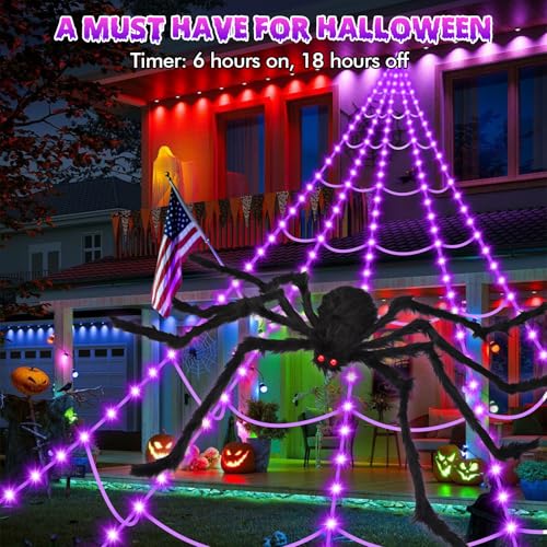 Image of OCATO 200 inch Halloween Decorations Spider Web Lights Outdoor +59 inch Fake Spider
