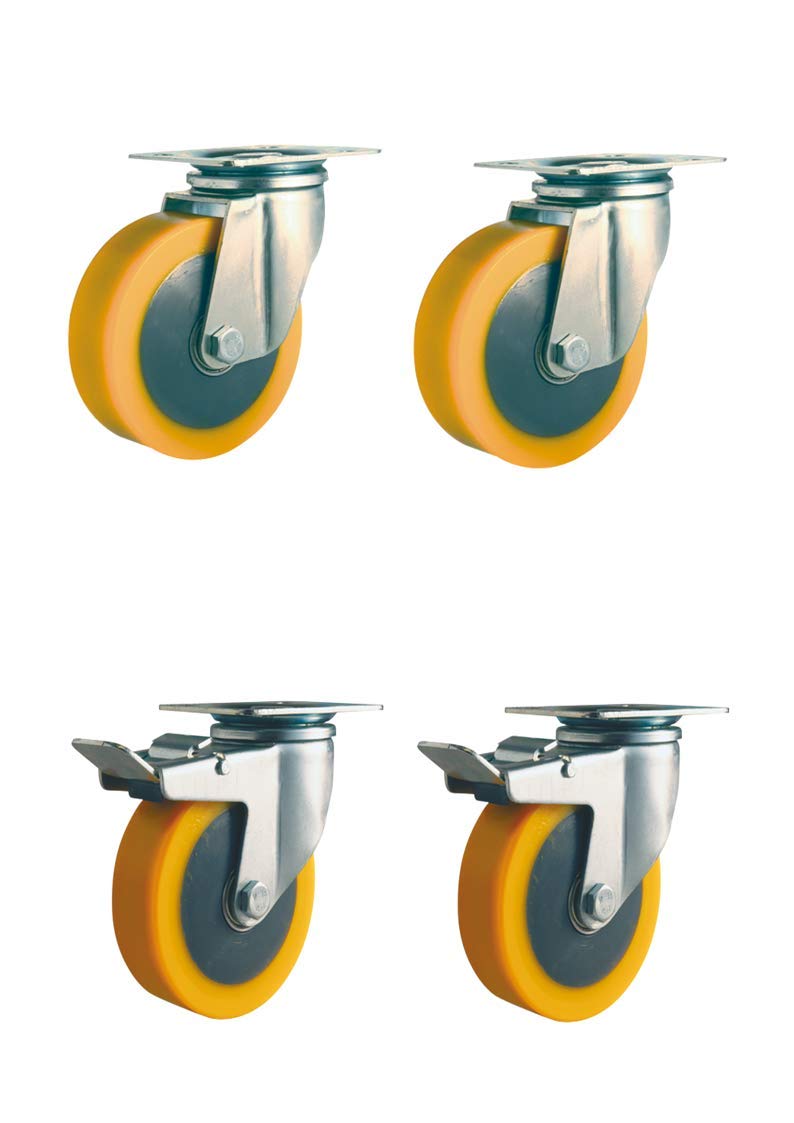 Set 4 Ruote 80mm ad Elevata Portata 360KG in Nylon, Rivestimento in polieuretano, Piastra girevole e Freno per Carrelli Made in Italy